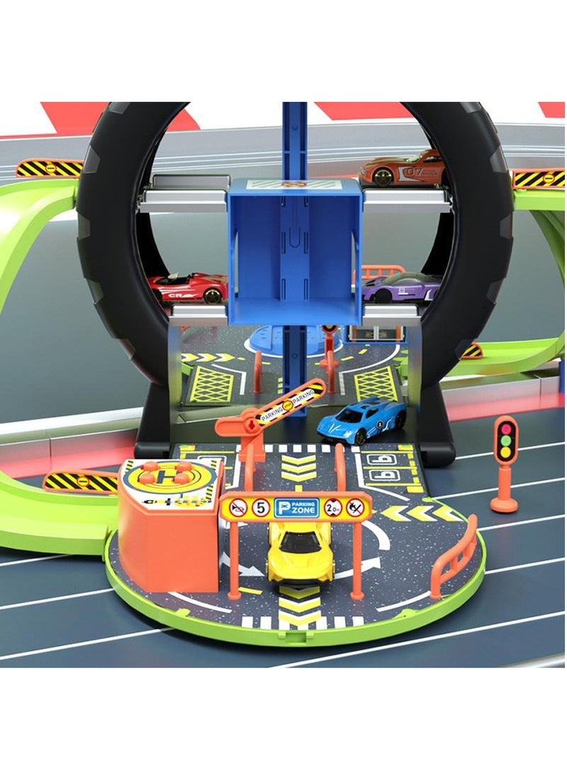 Kids Race Tracks Toys Set Tyre-Shape Car Adventure Toys Puzzle Car Tracks Playsets with 4 Mini Cars Parking Lot Toys Race Car Toys for Birthday Gifts Educational Race Tracks Toys