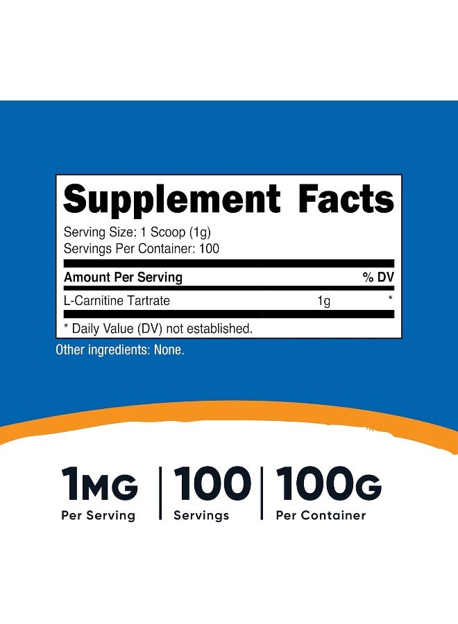 L-Carnitine Tartrate Powder 100 Grams - 1 Gram Per Serving 100 Servings