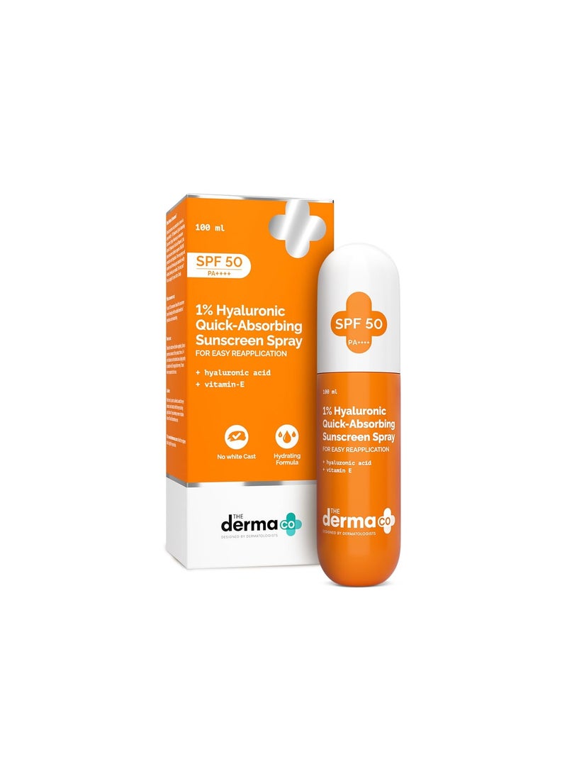 The Derma Co. 1% Hyaluronic Quick-Absorbing Sunscreen Spray |Hyaluronic Acid & Vitamin E | SPF 50 & PA++++ | No White Cast | Hydrating Fluid | Easy Reapplication | Face & Body | All Skin Types-100 ml