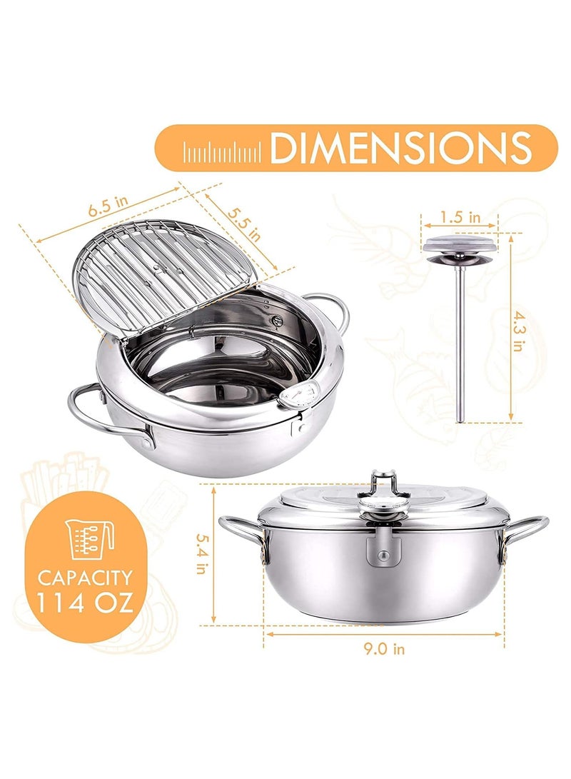 Deep Fryer with Thermometer and Lid, 304 Stainless Steel Kitchen Tempura Fryer Pan, Oil-Less Frying Pan, Non-Stick Fryer for Home Cooking, Perfect for Chicken, French Fries, and Vegetables