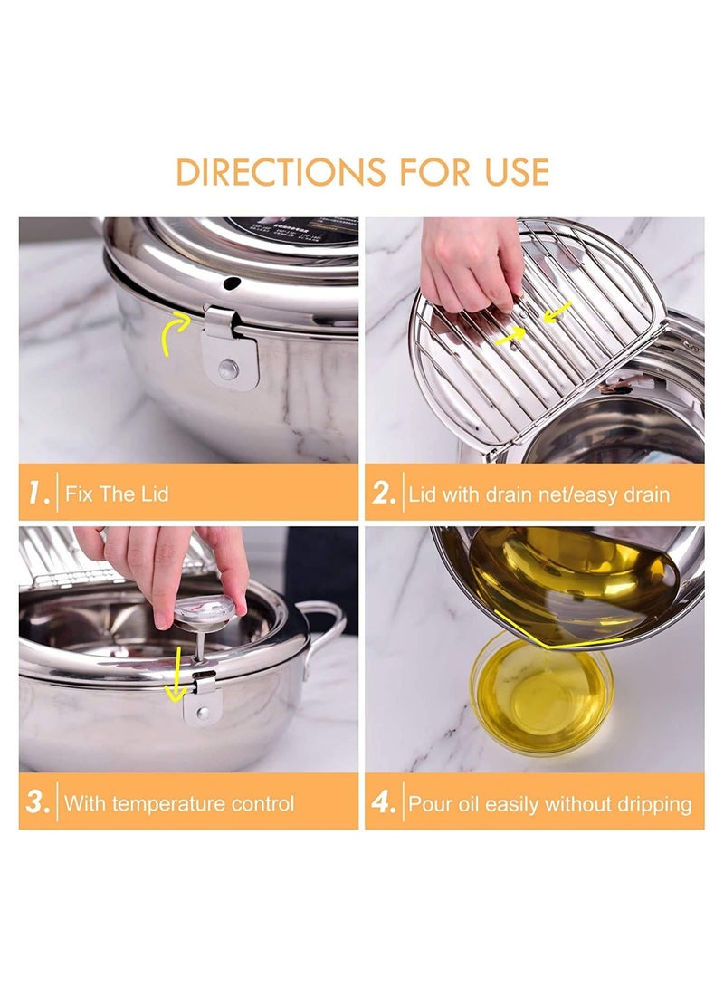 Deep Fryer with Thermometer and Lid, 304 Stainless Steel Kitchen Tempura Fryer Pan, Oil-Less Frying Pan, Non-Stick Fryer for Home Cooking, Perfect for Chicken, French Fries, and Vegetables