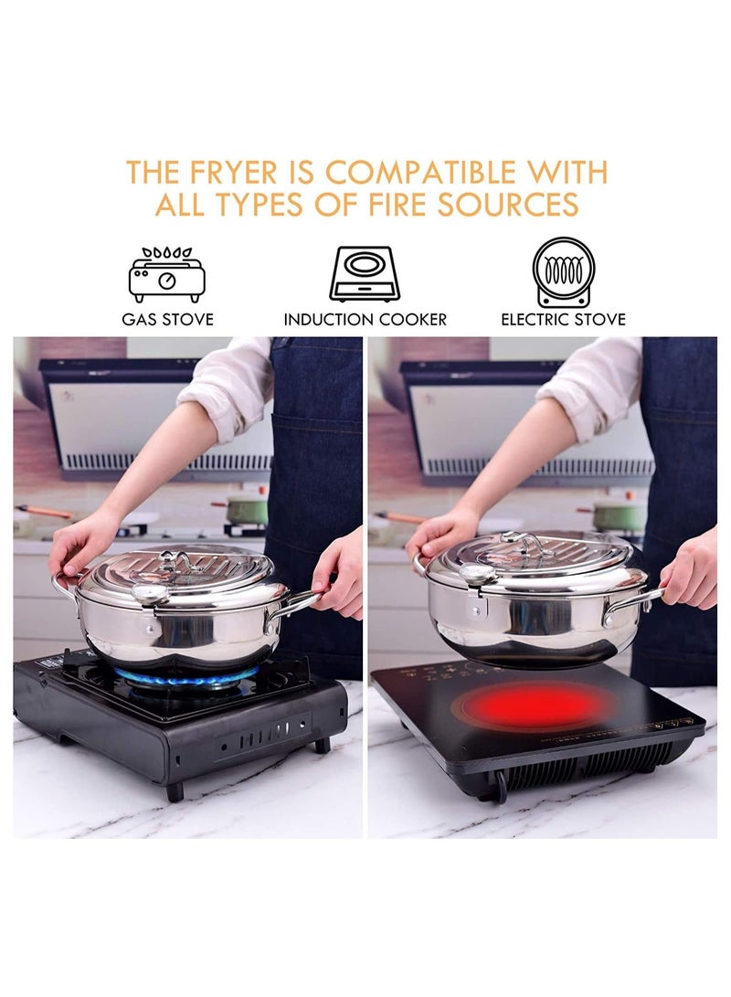 Deep Fryer with Thermometer and Lid, 304 Stainless Steel Kitchen Tempura Fryer Pan, Oil-Less Frying Pan, Non-Stick Fryer for Home Cooking, Perfect for Chicken, French Fries, and Vegetables