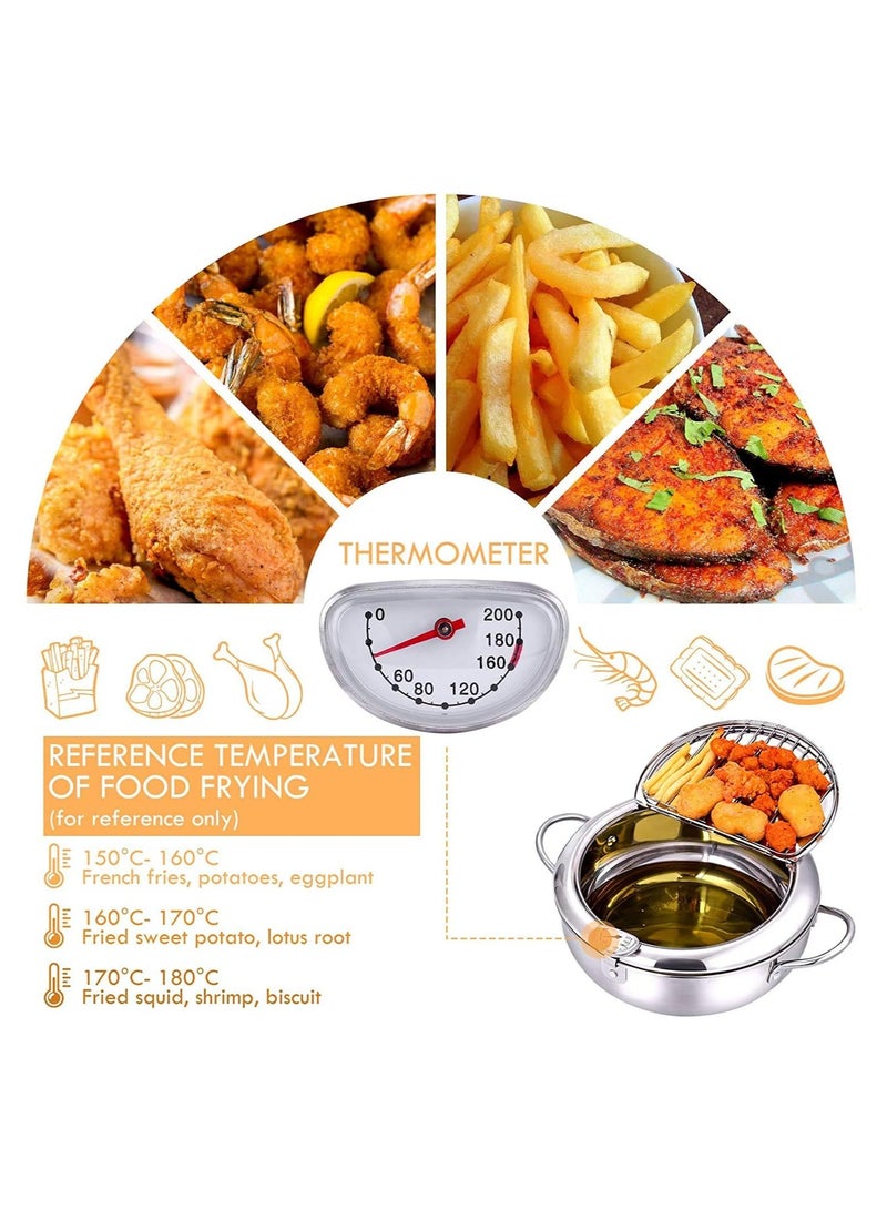 Deep Fryer with Thermometer and Lid, 304 Stainless Steel Kitchen Tempura Fryer Pan, Oil-Less Frying Pan, Non-Stick Fryer for Home Cooking, Perfect for Chicken, French Fries, and Vegetables