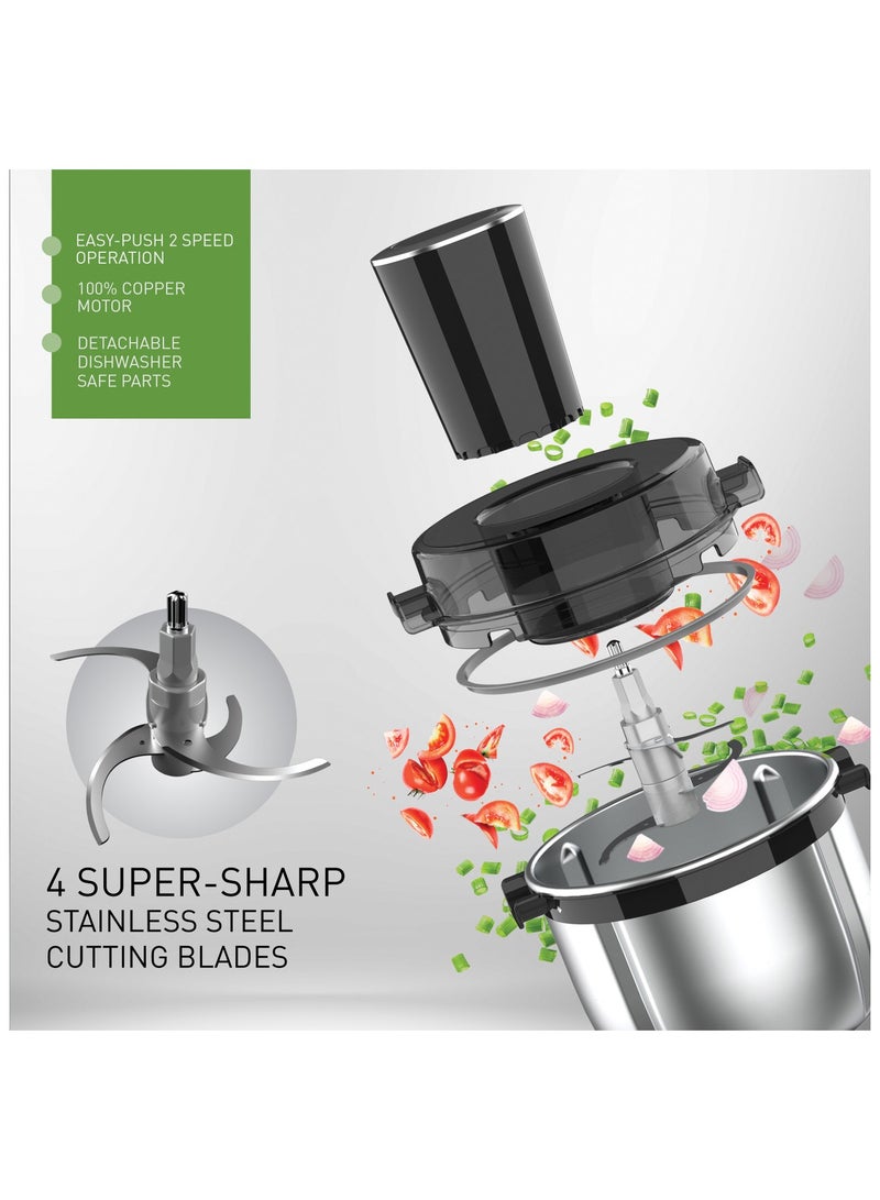 2 Litre Electric Food Chopper And Meat Processor 350W Power 4 Blade Chopping Easy Push 2 Speed Operation Detachable Stainless Steel Quad Blades