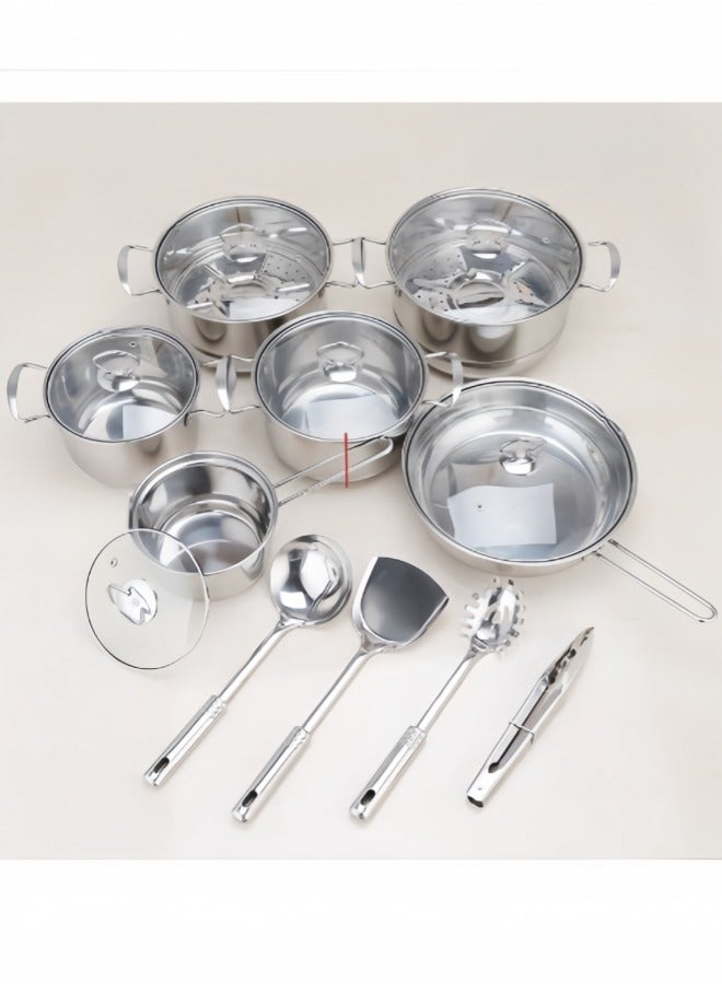 18 Piece set of thickened soup pot, milk pot frying pan and cooking utensils - stainless steel