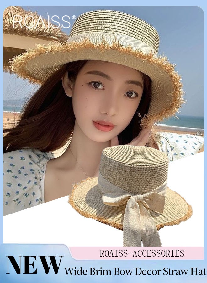 Classic Flat Top Straw Hat for Women Summer Beach Hat Vacation Sunshade Sunscreen Woven Hat Bow Decoration Sun Hat Fashion Accessories