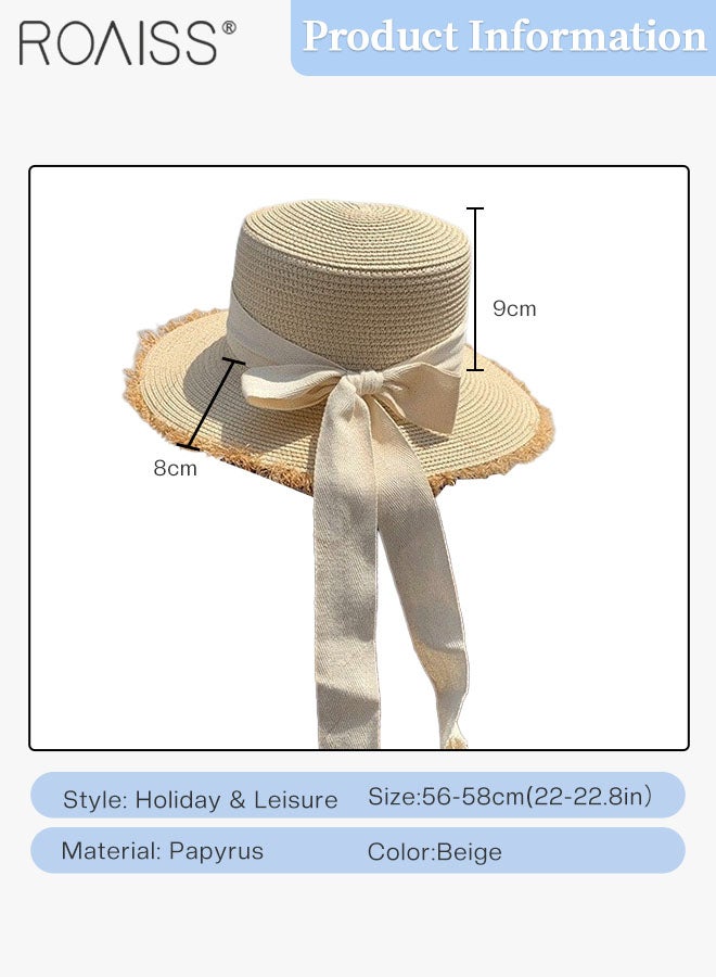 Classic Flat Top Straw Hat for Women Summer Beach Hat Vacation Sunshade Sunscreen Woven Hat Bow Decoration Sun Hat Fashion Accessories