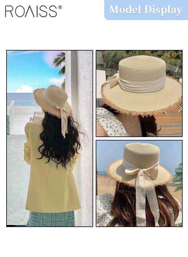 Classic Flat Top Straw Hat for Women Summer Beach Hat Vacation Sunshade Sunscreen Woven Hat Bow Decoration Sun Hat Fashion Accessories