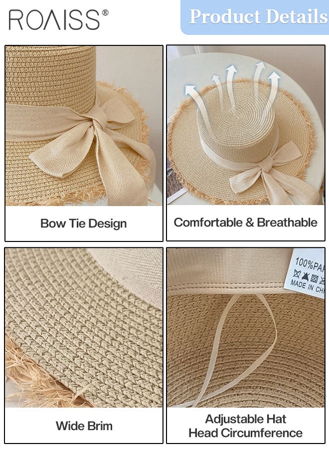 Classic Flat Top Straw Hat for Women Summer Beach Hat Vacation Sunshade Sunscreen Woven Hat Bow Decoration Sun Hat Fashion Accessories