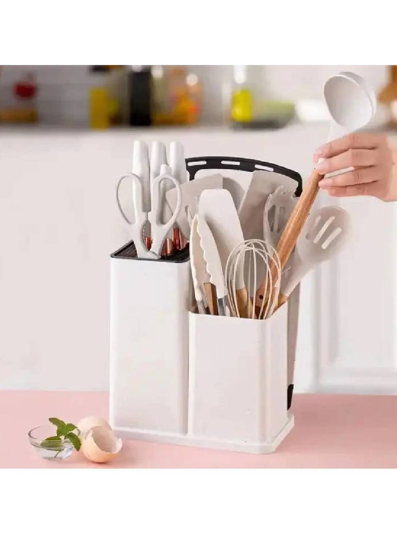 19 Pcs silicone cooking & knife set with board-ash white