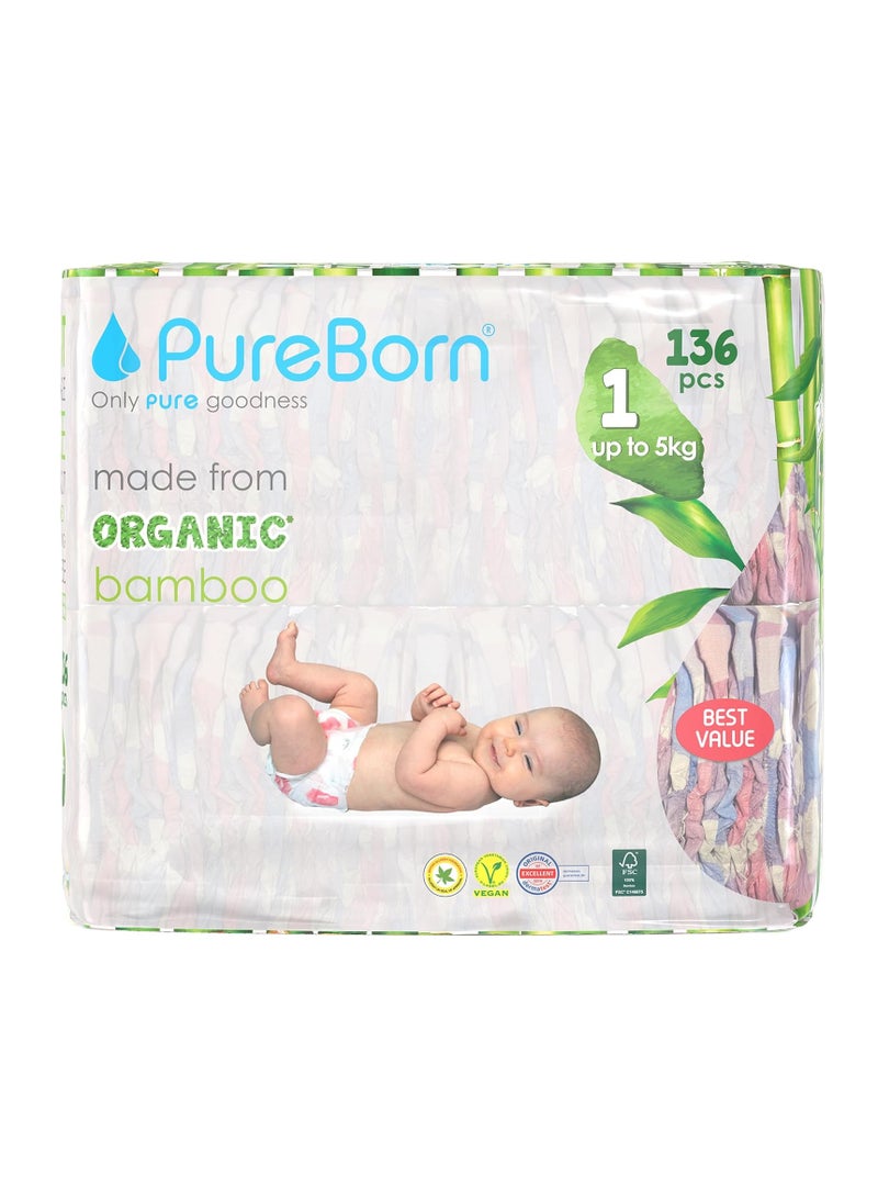 Size-1 Organic Diapers Upto 5Kg, 136's-Master Value Pack