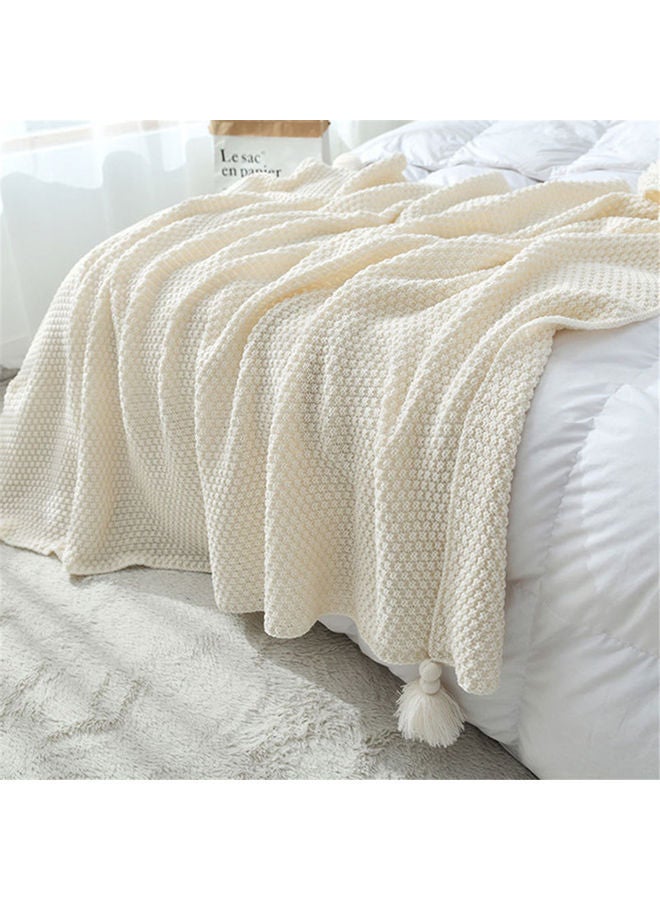 Tassel Design Warm Blanket Polyester Cream Coloured 130x170cm