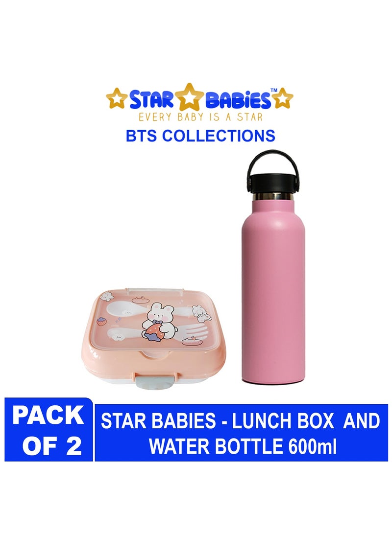 Star Babies BTS Collections - Insulated Stainless Water Bottle with Carry Cap & Sports Cap 600ml,  Lunch Box BPA Free - Pack of 2 - Multicolor