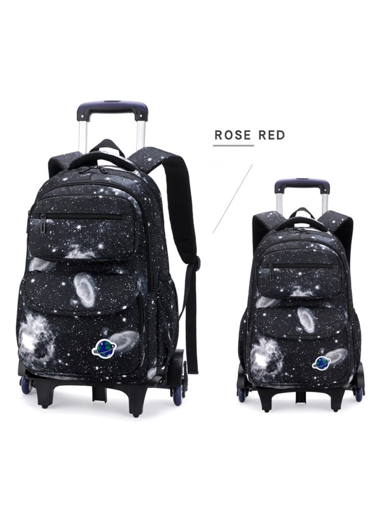 Galaxy Black and Gray Starry Sky Rolling School Backpack with Two