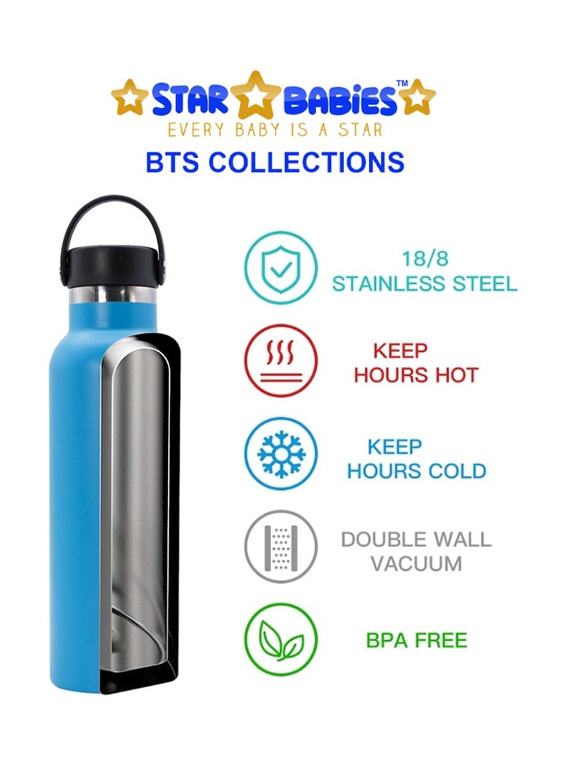 Star Babies BTS Collections - Insulated Stainless Water Bottle with Carry Cap & Sports Cap 600ml,  Lunch Box BPA Free with Spoon and Fork with Free Spoon and Fork - Pack of 2 - Blue