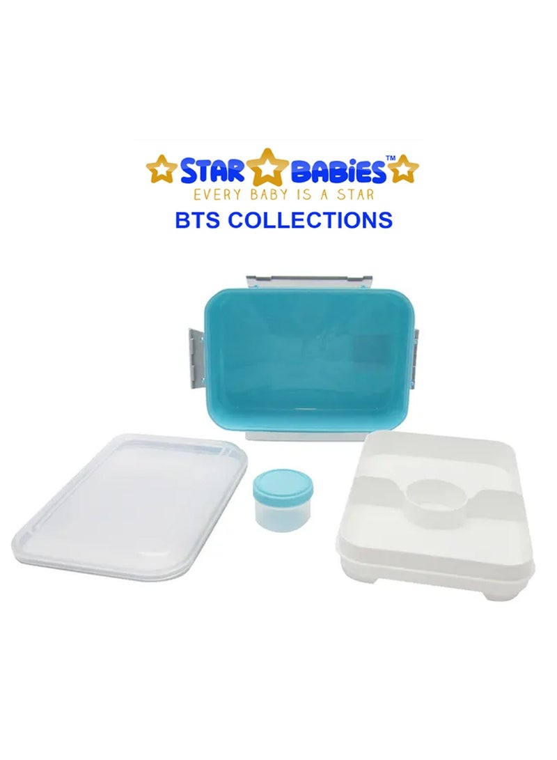 Star Babies BTS Collections - Insulated Stainless Water Bottle with Carry Cap & Sports Cap 600ml,  Lunch Box BPA Free with Spoon and Fork with Free Spoon and Fork - Pack of 2 - Blue