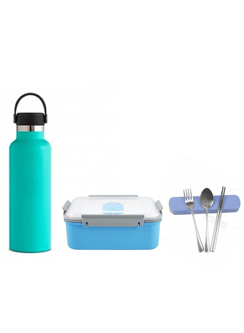 Star Babies BTS Collections - Insulated Stainless Water Bottle with Carry Cap & Sports Cap 600ml,  Lunch Box BPA Free with Spoon and Fork with Free Spoon and Fork - Pack of 2 - Blue