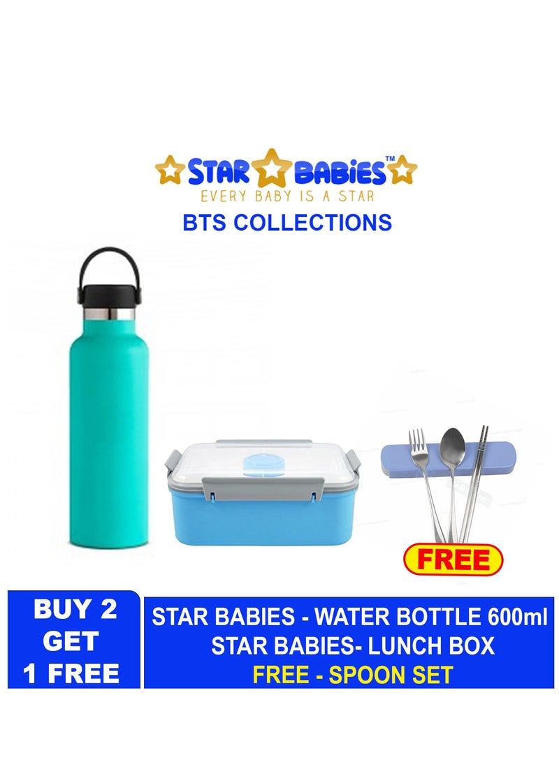 Star Babies BTS Collections - Insulated Stainless Water Bottle with Carry Cap & Sports Cap 600ml,  Lunch Box BPA Free with Spoon and Fork with Free Spoon and Fork - Pack of 2 - Blue
