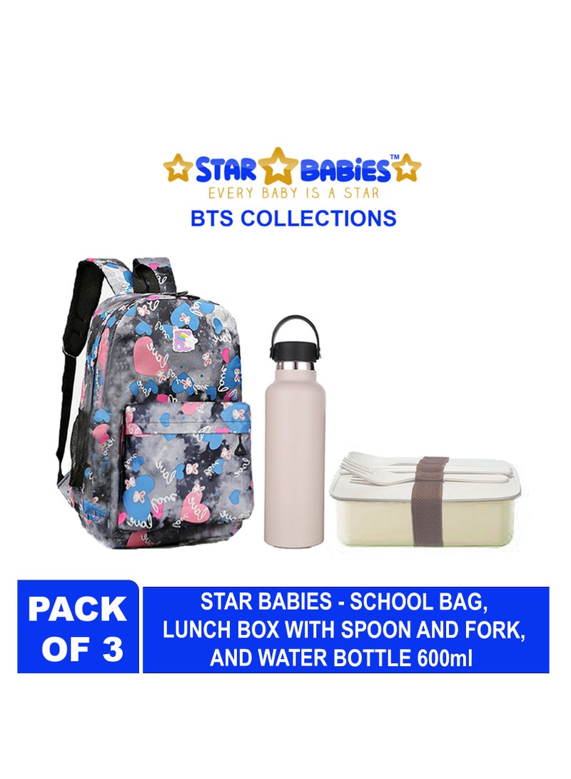 Star Babies BTS Collections - Colorful Backpack, Cute Preppy Style Travel Schoolbag, Stainless Steel Water Bottle 600ml Leak Froof,  Lunch Box BPA Free with Spoon and Fork - Pack of 3 - Multicolor