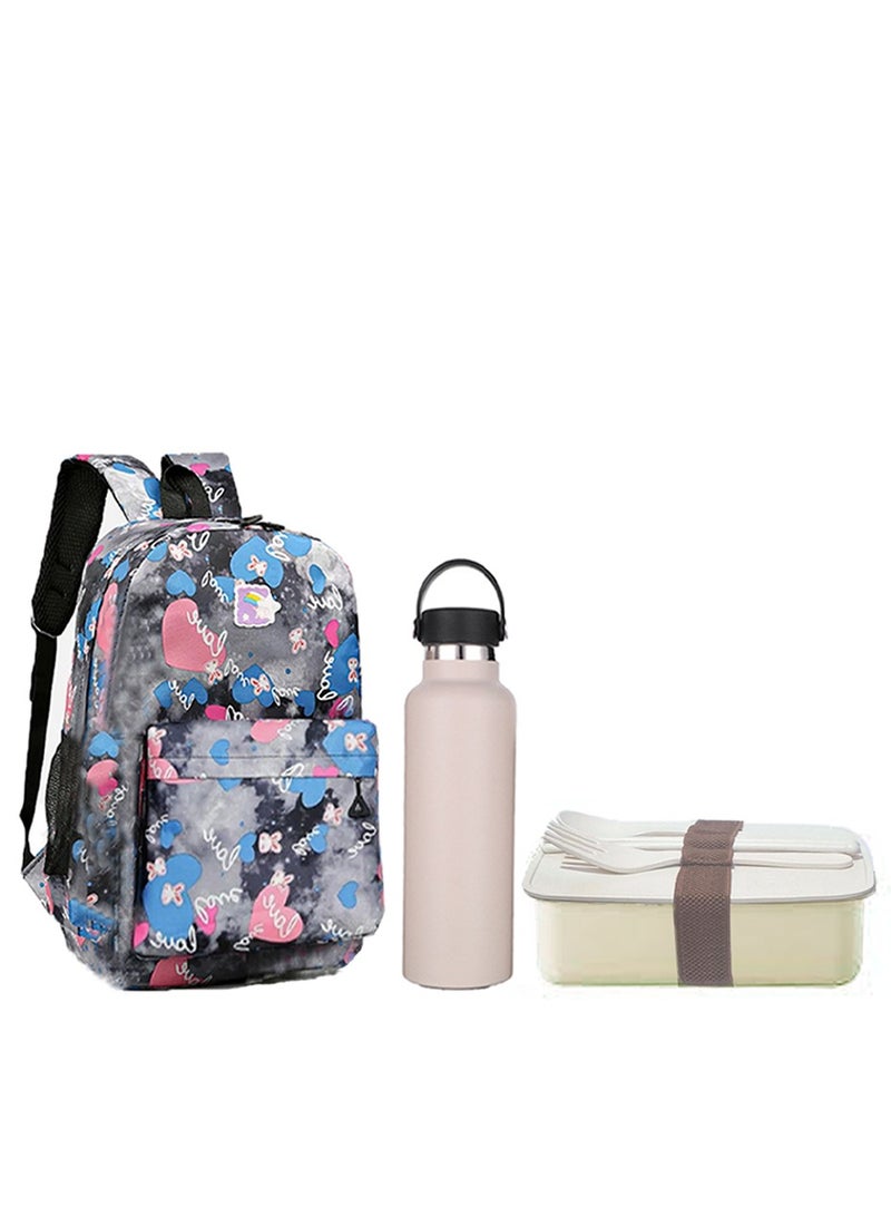 Star Babies BTS Collections - Colorful Backpack, Cute Preppy Style Travel Schoolbag, Stainless Steel Water Bottle 600ml Leak Froof,  Lunch Box BPA Free with Spoon and Fork - Pack of 3 - Multicolor