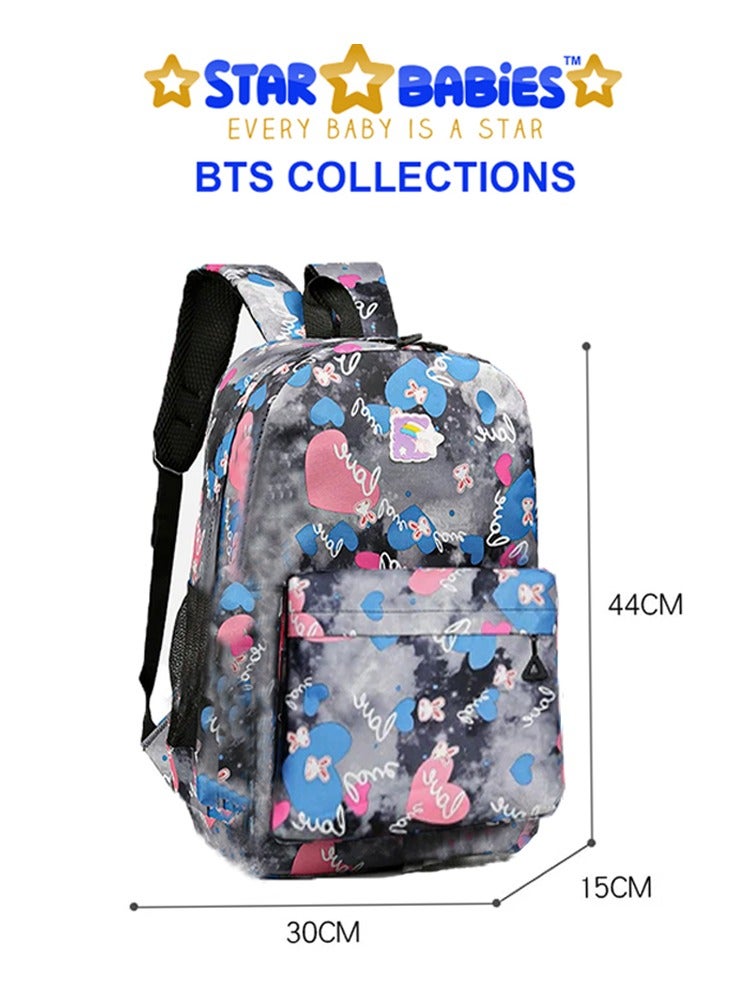 Star Babies BTS Collections - Colorful Backpack, Cute Preppy Style Travel Schoolbag, Stainless Steel Water Bottle 600ml Leak Froof,  Lunch Box BPA Free with Spoon and Fork - Pack of 3 - Multicolor