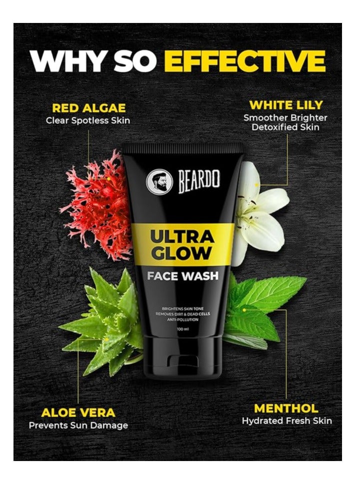 Beardo Ultraglow Face Wash for Men, 100ml | Aloe Vera Facewash that Enhances & Balances Skin Tone | Glowing & Radiant Cleanser for face with Menthol & White Lily