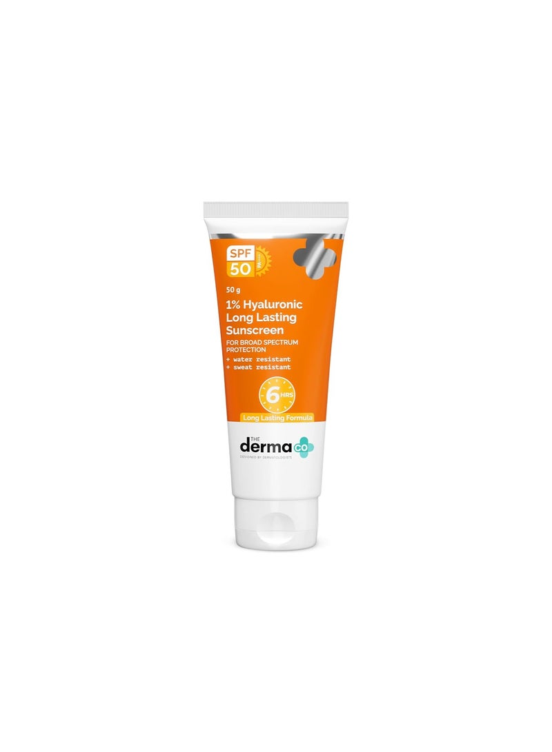 The Derma Co 1% Hyaluronic Long Lasting Sunscreen Spf 50 Pa++++ With Hyaluronic Acid & Vitamin E For Broad Spectrum Protection- 50 G, All Skin Types |6 Hrs. Sun Protection|Water & Sweat Resistant