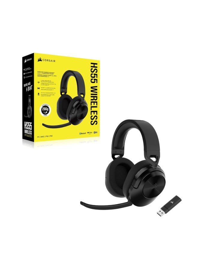 Corsair HS55 Wireless Gaming Headset, Carbon, Low-Latency 2.4Ghz Wireless or Bluetooth, Dolby Audio 7.1 Surround Sound on PC and Mac, Omni-Directional Microphone with Flip-to-Mute Function