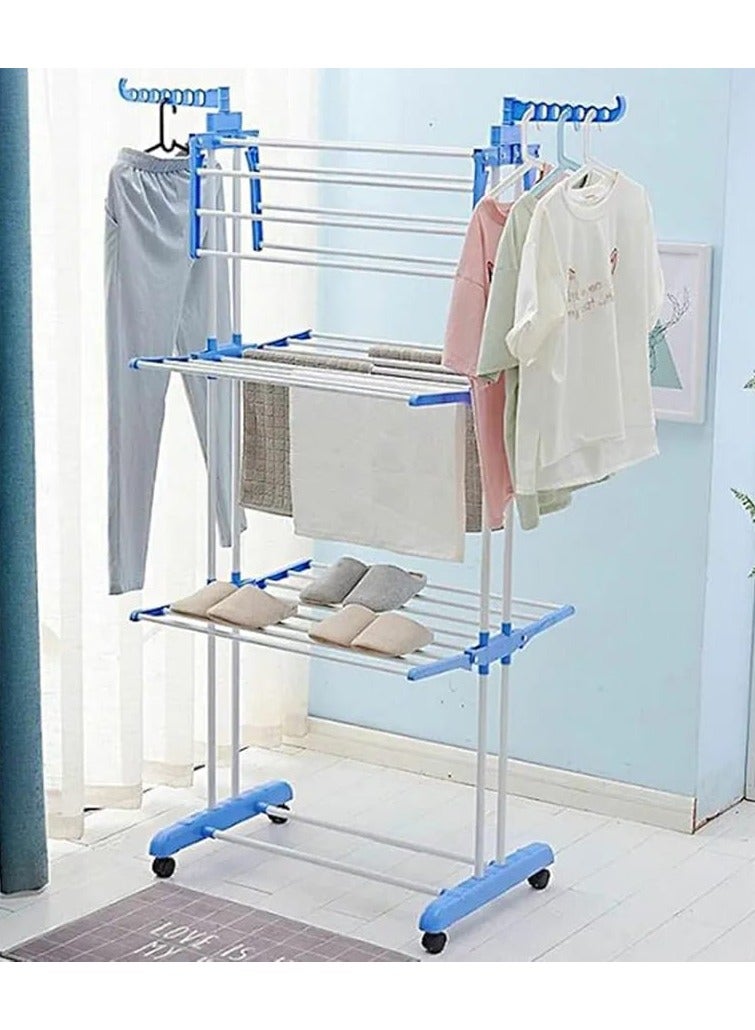 3 Layers Clothes Drying Rack Folding Clothes Rail Of Clothes Hanger, Adjustable Stainless Steel Hanger With Two Side Folding Wings For Indoor And Outdoor, Blue