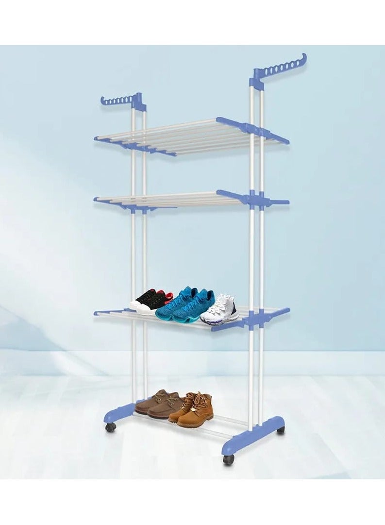 3 Layers Clothes Drying Rack Folding Clothes Rail Of Clothes Hanger, Adjustable Stainless Steel Hanger With Two Side Folding Wings For Indoor And Outdoor, Blue