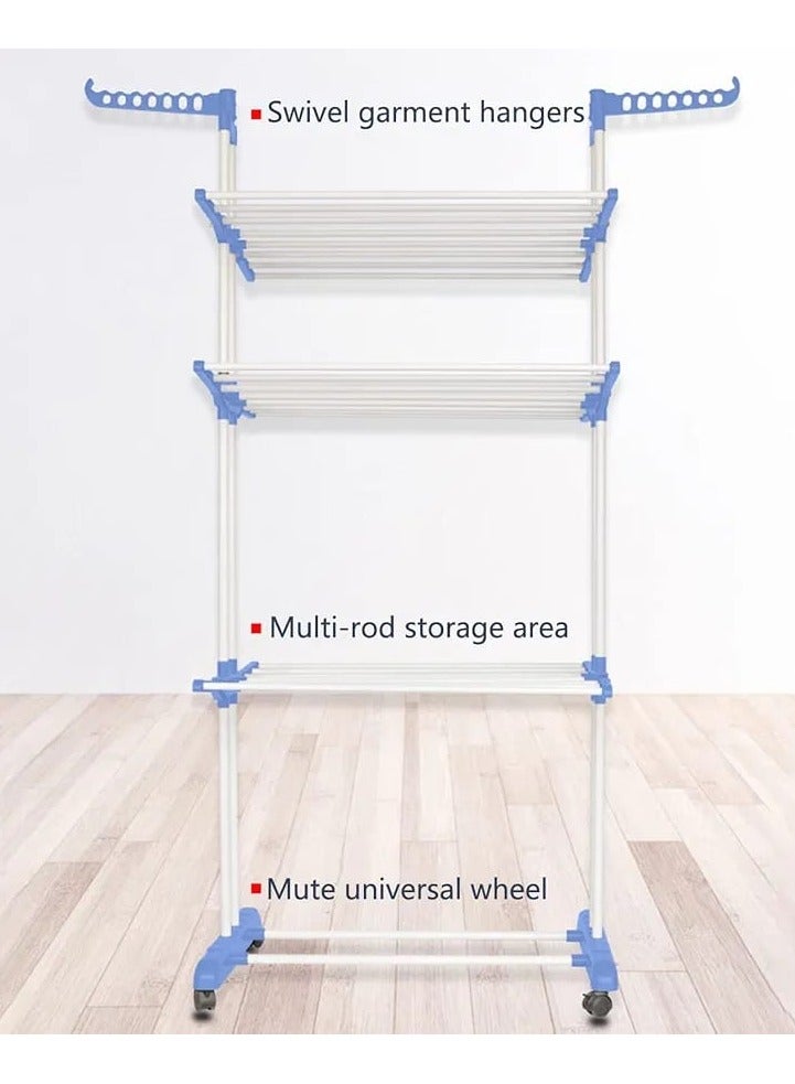 3 Layers Clothes Drying Rack Folding Clothes Rail Of Clothes Hanger, Adjustable Stainless Steel Hanger With Two Side Folding Wings For Indoor And Outdoor, Blue