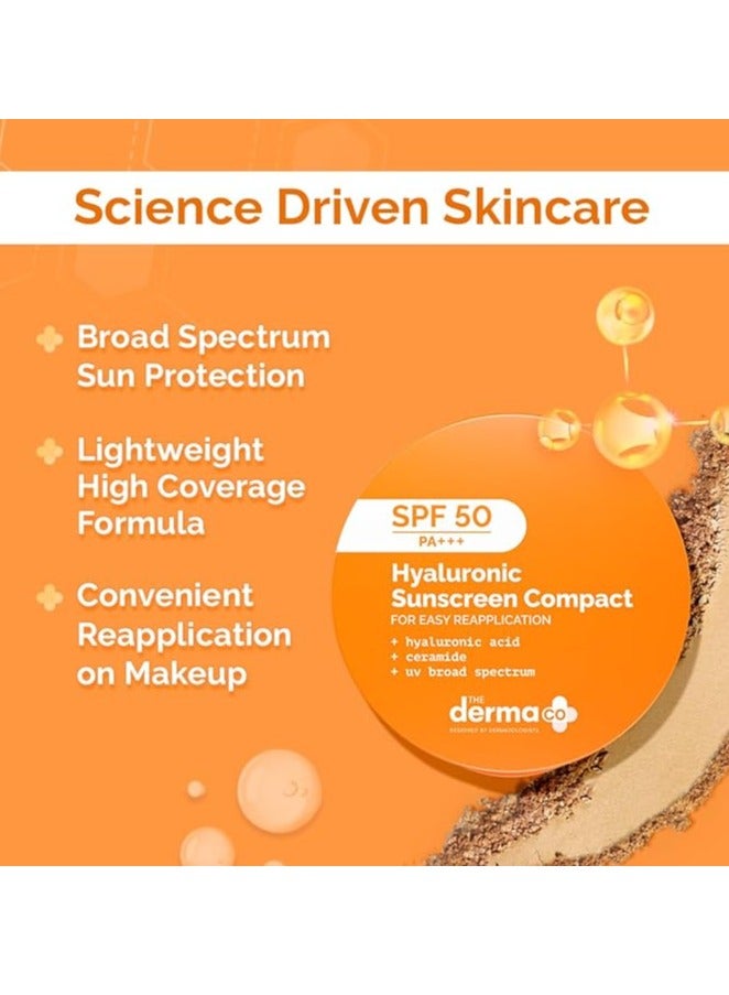 The Derma Co Hyaluronic Sunscreen Compact Powder SPF 50 PA+++ with Ceramides | Matte Finish | Even Skin Tone | Oil Control | Non sticky - 7g