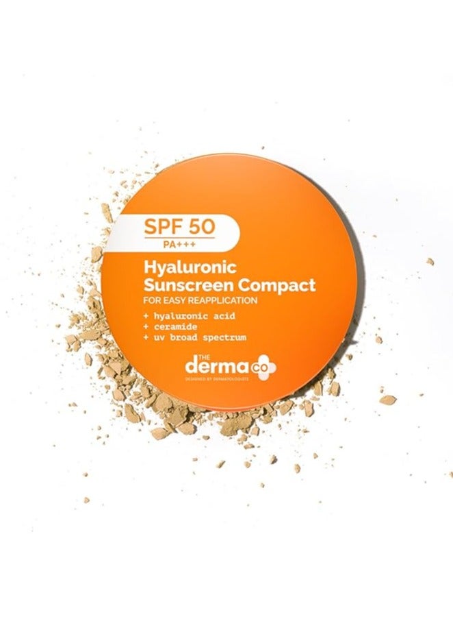 The Derma Co Hyaluronic Sunscreen Compact Powder SPF 50 PA+++ with Ceramides | Matte Finish | Even Skin Tone | Oil Control | Non sticky - 7g