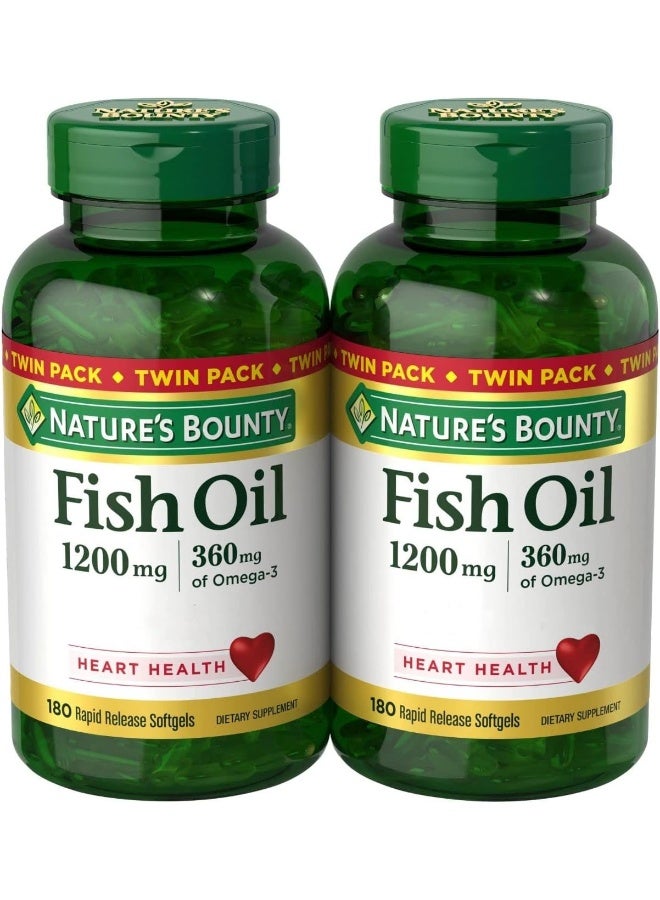 Natures Bounty Fish Oil 1200 mg, Twin Pack, Supports Heart Health With Omega 3 EPA & DHA, 360 Rapid Release Softgels