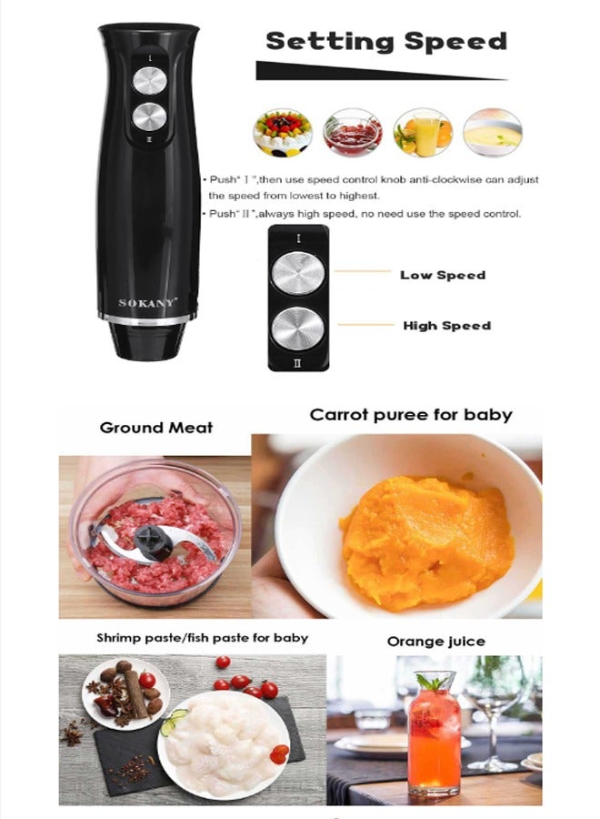 Hand Blender With Chopper and Whisk 4-IN-1, Electric Mixer Hand Blender Set, Multifunctional Portable Electric Blender, Plastic/Stainless Steel, 500W 1000ml WK-1710-4 Black