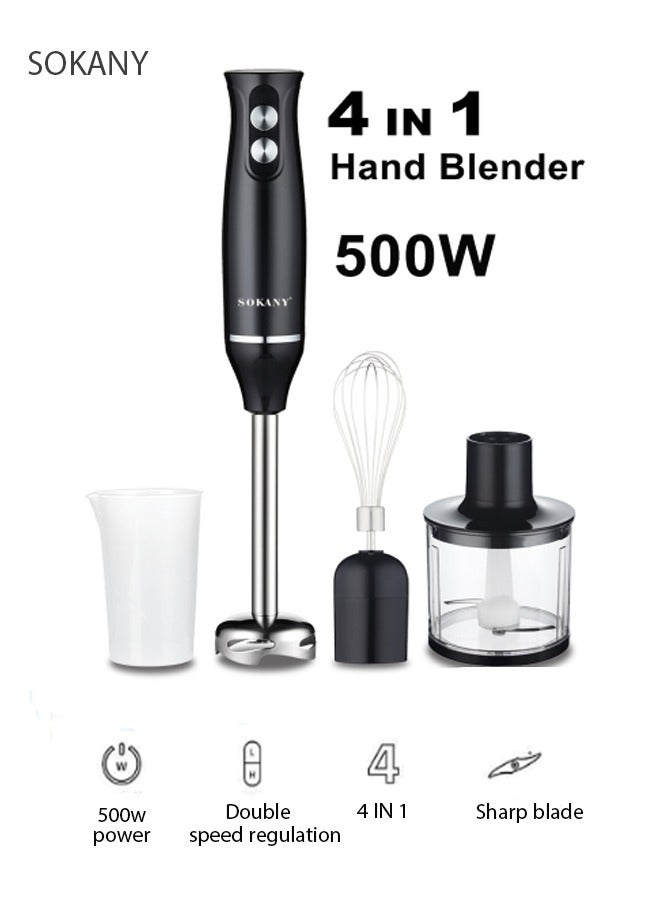 Hand Blender With Chopper and Whisk 4-IN-1, Electric Mixer Hand Blender Set, Multifunctional Portable Electric Blender, Plastic/Stainless Steel, 500W 1000ml WK-1710-4 Black