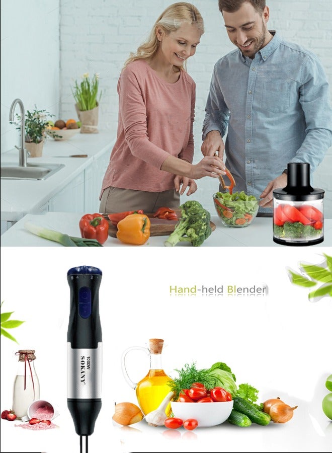 Hand Blender/Mixer With Chopper and Whisk, Handheld 1000W Motor Electric Whisk Stainless Steel Whisk, Chopper Bowl, Measuring Beaker 4-IN-1, 5 Speed Stick Blender for Kitchen, Baby Food, SK-1711-4