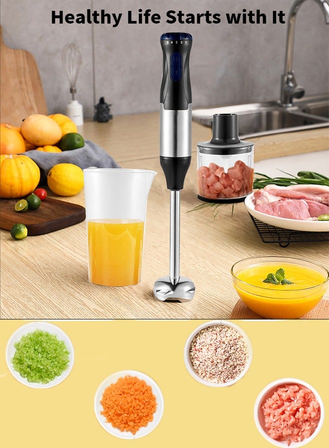 Hand Blender/Mixer With Chopper and Whisk, Handheld 1000W Motor Electric Whisk Stainless Steel Whisk, Chopper Bowl, Measuring Beaker 4-IN-1, 5 Speed Stick Blender for Kitchen, Baby Food, SK-1711-4