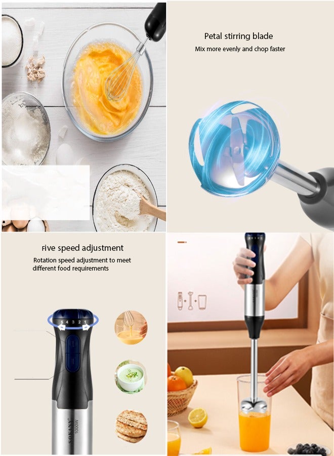 Hand Blender/Mixer With Chopper and Whisk, Handheld 1000W Motor Electric Whisk Stainless Steel Whisk, Chopper Bowl, Measuring Beaker 4-IN-1, 5 Speed Stick Blender for Kitchen, Baby Food, SK-1711-4