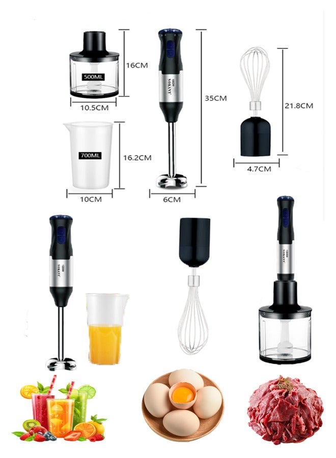 Hand Blender/Mixer With Chopper and Whisk, Handheld 1000W Motor Electric Whisk Stainless Steel Whisk, Chopper Bowl, Measuring Beaker 4-IN-1, 5 Speed Stick Blender for Kitchen, Baby Food, SK-1711-4