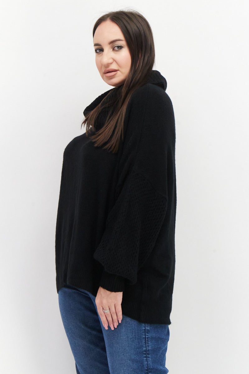 Women Plus Size High Neck Knitted Sweater, Black