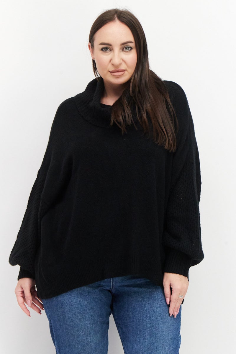 Women Plus Size High Neck Knitted Sweater, Black