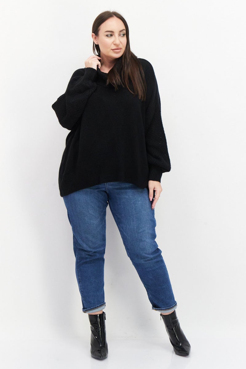 Women Plus Size High Neck Knitted Sweater, Black