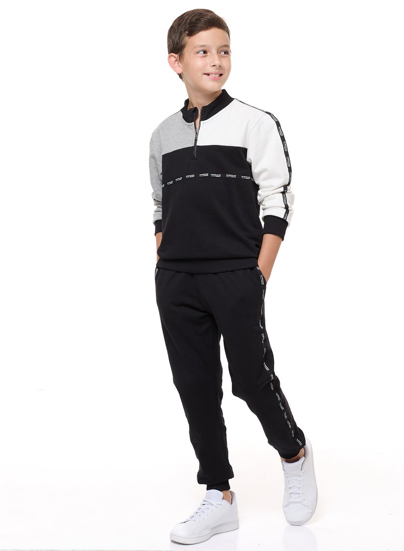 Boys' 2-Piece Halfzipper Crew Jacket and Jogger Set (3-14 yrs) Black /Grey Mil/Off White