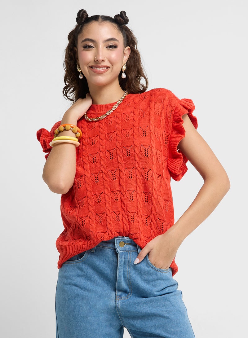 Cable Knit Sweater With Ruffle Sleeves