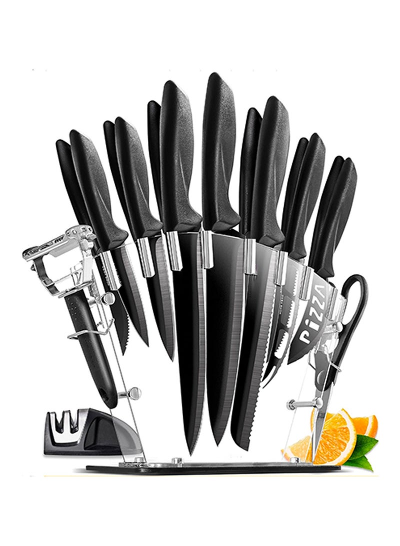 17 Pcs Kitchen Knife Set with Sharpener, High Carbon Stainless Steel Knife Block Set with Ergonomic Handles, Black