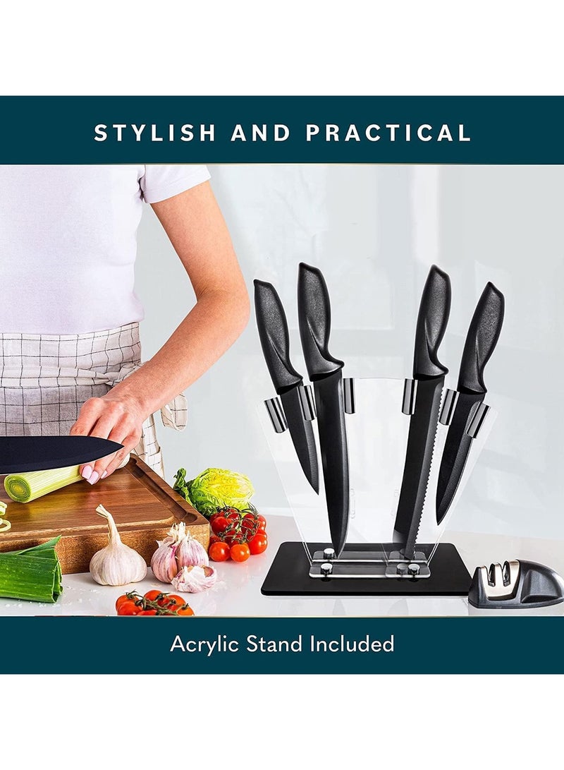 7 Pcs Kitchen Knife Set with Sharpener, High Carbon Stainless Steel Knife Block Set with Ergonomic Handles, Black