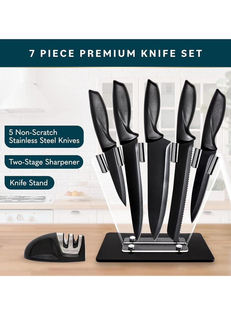 7 Pcs Kitchen Knife Set with Sharpener, High Carbon Stainless Steel Knife Block Set with Ergonomic Handles, Black