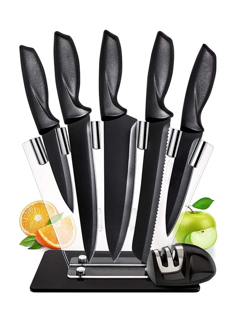 7 Pcs Kitchen Knife Set with Sharpener, High Carbon Stainless Steel Knife Block Set with Ergonomic Handles, Black