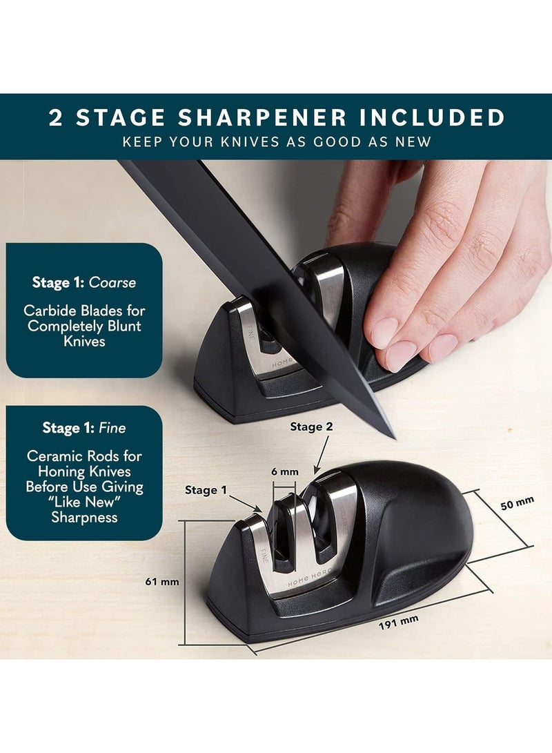 7 Pcs Kitchen Knife Set with Sharpener, High Carbon Stainless Steel Knife Block Set with Ergonomic Handles, Black